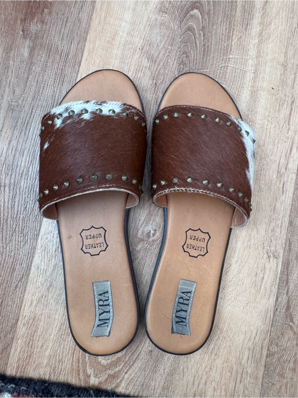 Myra Bag Brown and White Cowhide Slide Sandals with Stud Trim size 6